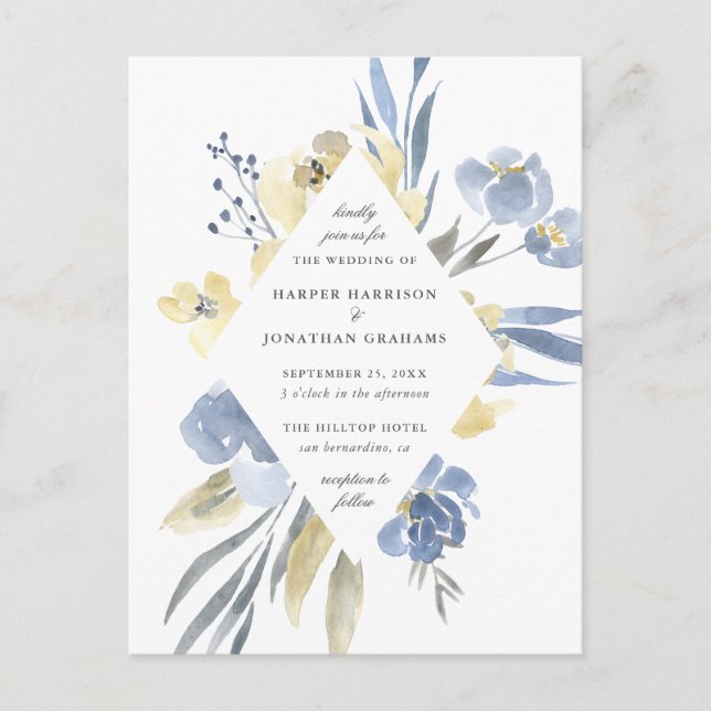 Dusty Blue & Yellow Watercolor Floral Wedding Invitation Postcard (Front)