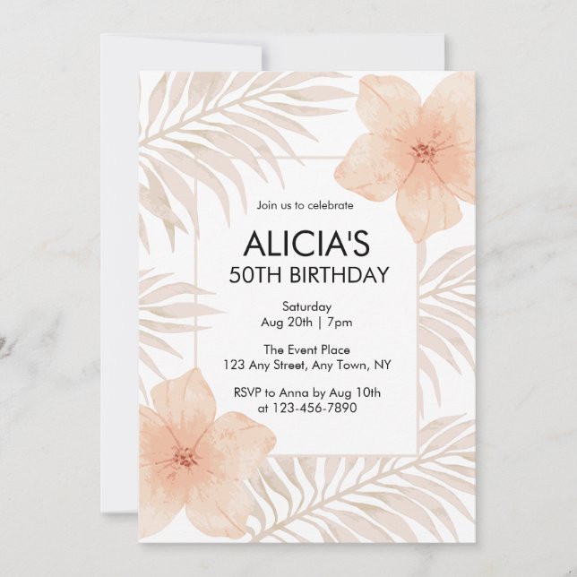 Dusty Blush Flower Dry Palm Leaf Boho Birthday Invitation (Front)