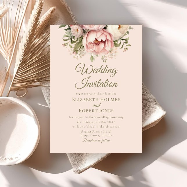 Dusty Blush Peony Wedding Invitation (Soft Peach and Blush Floral Wedding Invitation on a neutral boho wedding invitation.)