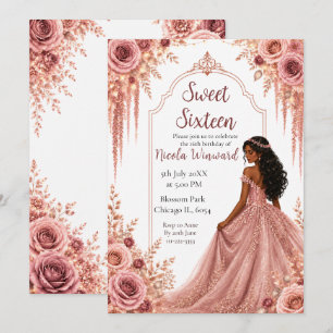 Dusty Blush Pink and Gold Floral Sweet Sixteen Invitation