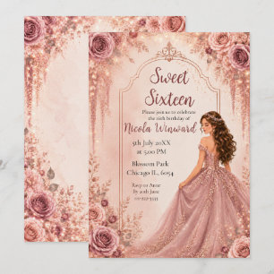 Dusty Blush Pink and Gold Floral Sweet Sixteen Invitation
