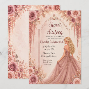 Dusty Blush Pink and Gold Floral Sweet Sixteen Invitation