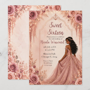 Dusty Blush Pink and Gold Floral Sweet Sixteen  Invitation