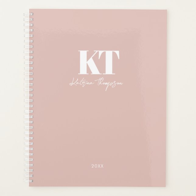 Dusty Blush Pink Signature Script Monogram Modern Planner (Front)