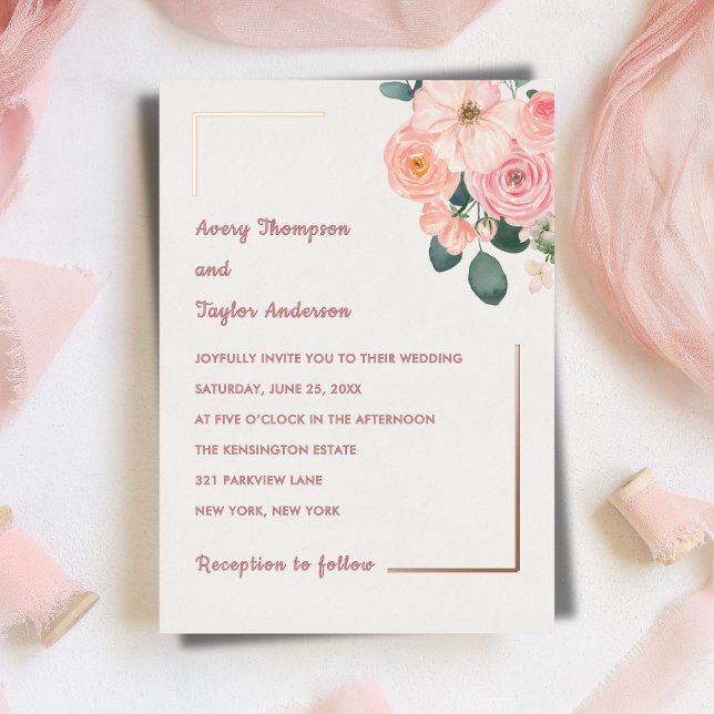 Dusty Blush Pink Watercolor Floral Rose Gold  (Dusty Blush Pink Watercolor Floral Rose Gold Foil Invitation)