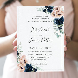 Dusty Blush Poppy Navy Floral Greenery Wedding  Invitation