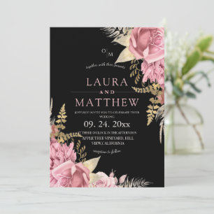 Dusty Blush Rose Floral Elegant Dark Wedding Invitation