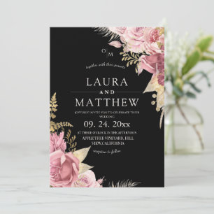 Dusty Blush Rose Floral Elegant Dark Wedding Invitation
