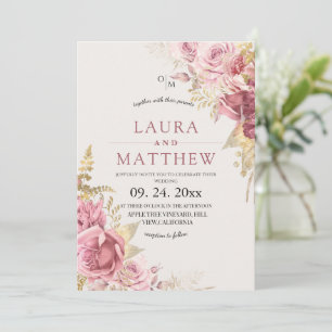 Dusty Blush Rose Floral Elegant Wedding Invitation