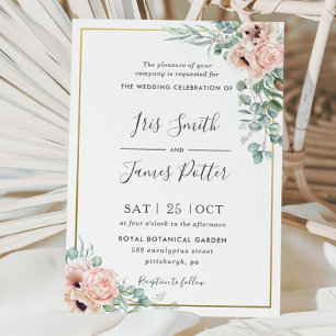 Dusty Blush Rose Poppy Floral Greenery Wedding Invitation