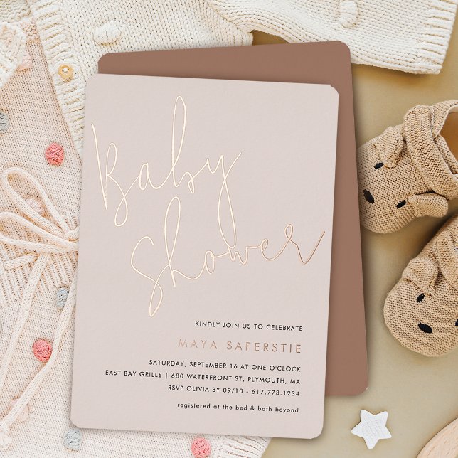 Dusty Blush Taupe Minimalist Script Baby Shower (Dusty Blush Taupe Minimalist Script Baby Shower Foil Invitation)