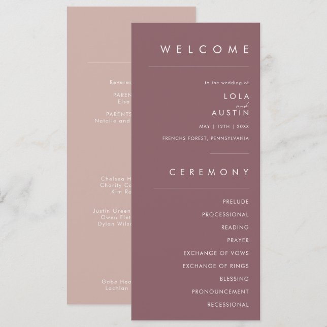 Dusty Boho | Rose and Purple Gold Wedding Program Programme (Front/Back)