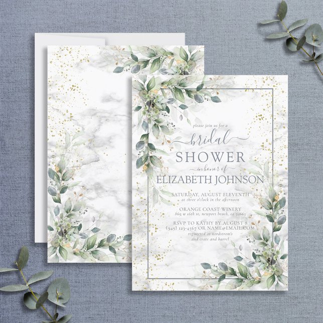 Dusty Botanical Greenery Gold Marble Bridal Shower Invitation (Creator Uploaded)