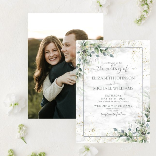 Dusty Botanical Greenery Gold Photo Wedding Invitation (Creator Uploaded)