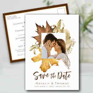 Dusty Brown Autumn Leaves Fall In Love Wedding Announcement Postcard