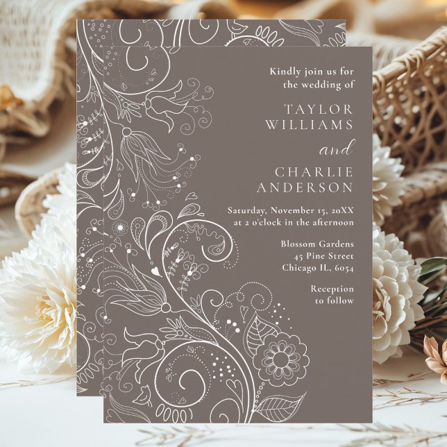 Dusty Brown Elegant Floral Wedding Invitation (Creator Uploaded)