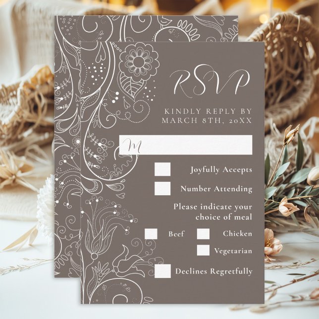 Dusty Brown Elegant Floral Wedding Meal Choice RSVP Card (Creator Uploaded)