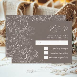 Dusty Brown Elegant Floral Wedding RSVP Card