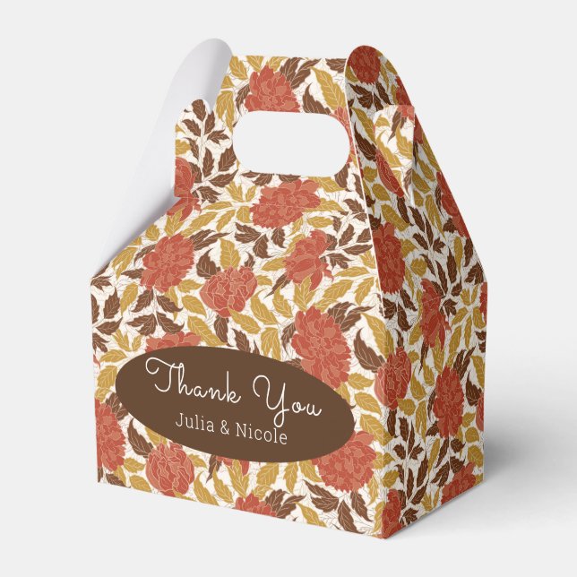 Dusty Brunt Orange Peony Flowers Fall Wedding Favour Box (Front Side)