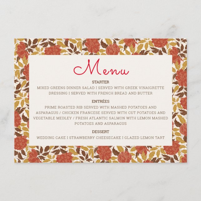 Dusty Brunt Orange Peony Flowers Fall Wedding Menu (Front)