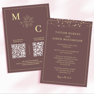 Dusty Burgundy Elegant QR Code Wedding Invitation