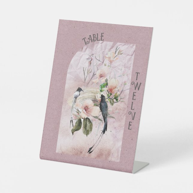 Dusty Burgundy Magnolia Blossoms and Birds Pedestal Sign (Front)