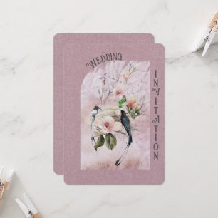 Dusty Burgundy Magnolia Blossoms and Birds Wedding Invitation