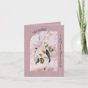 Dusty Burgundy Magnolia Blossoms and Birds Wedding Invitation