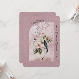 Dusty Burgundy Magnolia Blossoms and Birds Wedding Invitation
