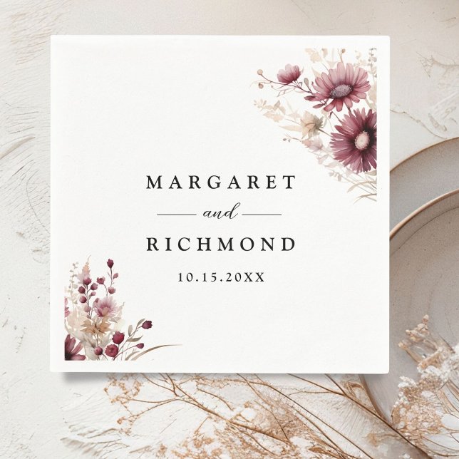 Dusty Burgundy Wildflowers Floral Wedding  Napkin (Creator Uploaded)