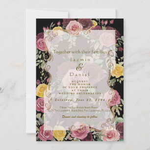  Dusty Burgundy Yellow Roses Photo Box/BlackFlat  Invitation