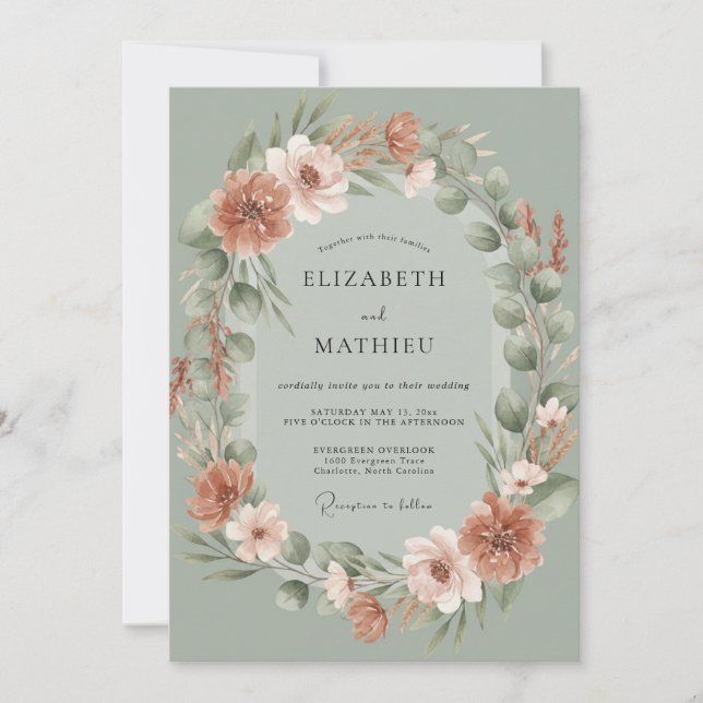 Dusty Celadon Wreath Wedding Invitation (Front)