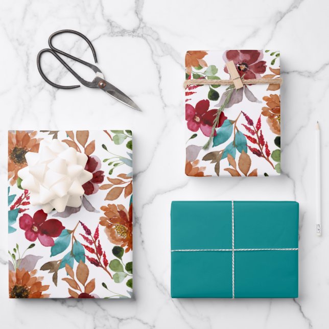 Dusty Colourful Flowers Elegant Botanical Pattern Wrapping Paper Sheet (Front)