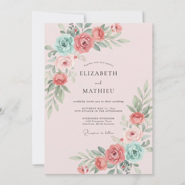 Dusty Coral Aqua Blossom Wedding Invitation (Front)