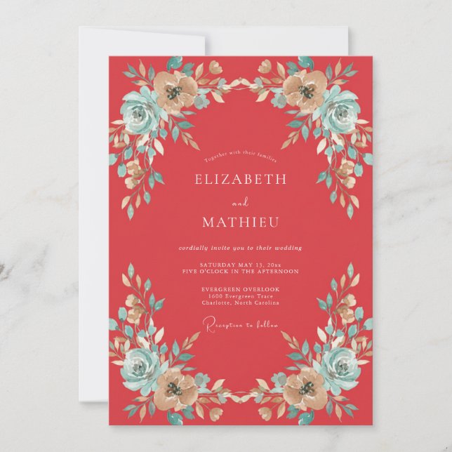 Dusty Coral Aqua Peony Wedding Invitation (Front)