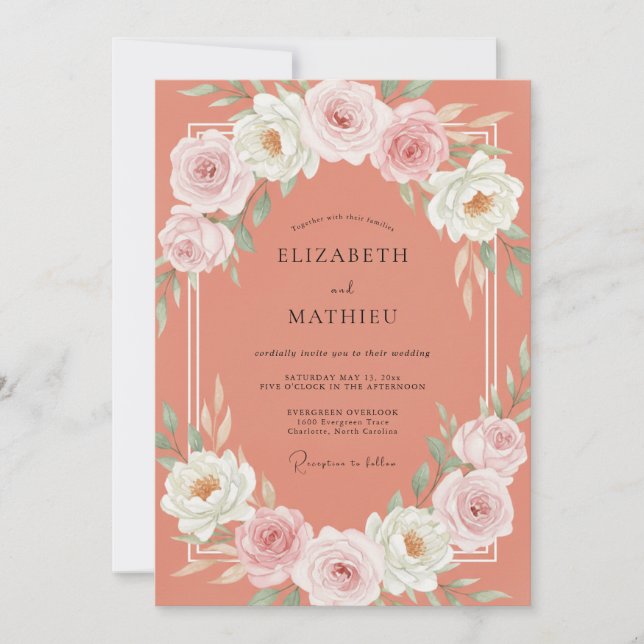 Dusty Coral Blossom Wedding Invitation (Front)