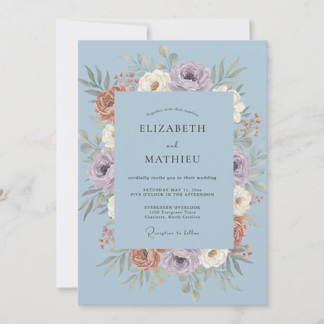 Dusty Cornflower Ranunculus Eucalyptus Wedding Invitation (Front)