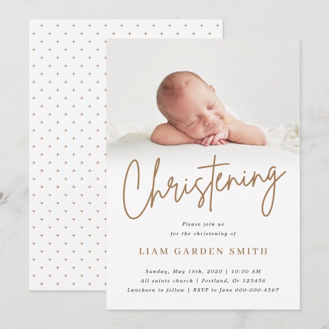Dusty Cream Handwritten Script Christening Photo Invitation (Front/Back)
