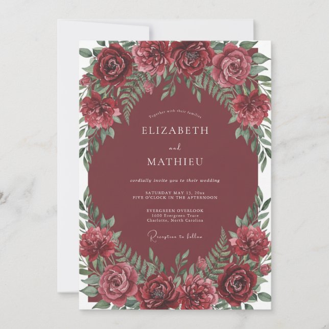 Dusty Crimson Ranunculus Eucalyptus Wedding Invitation (Front)