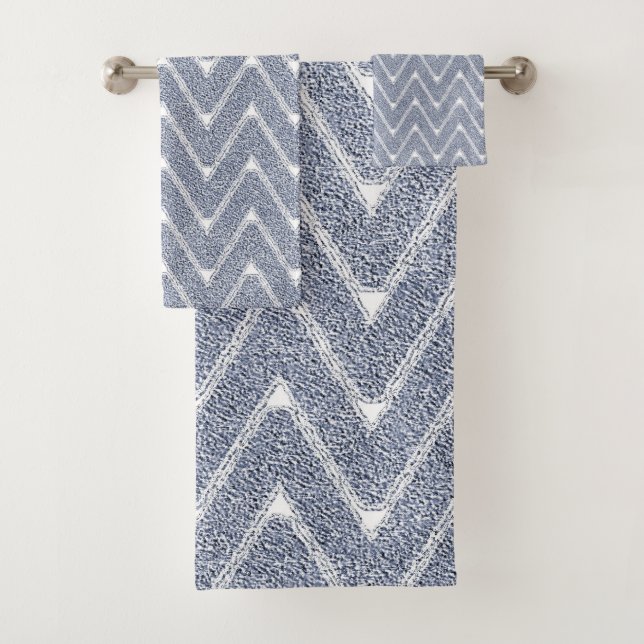Dusty Denim Blue Chevron Pattern Bath Towel Set (Insitu)