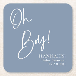 Dusty/ Denim Blue Oh Boy Baby Shower  Square Paper Coaster