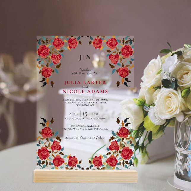 Dusty Elegant Golden Red Rose Flower Wedding Acrylic Invitations (Creator Uploaded)