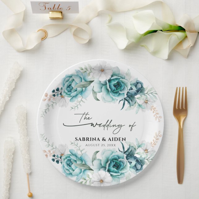 Dusty Emerald Green White Floral Wedding Paper Plate (Wedding)