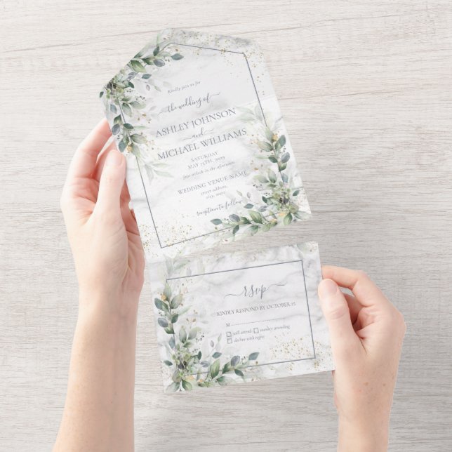 Dusty Eucalyptus Botanical Gold Greenery  All In O All In One Invitation (Tearaway)