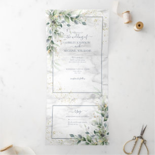 Dusty Eucalyptus Botanical Gold Greenery Wedding T Tri-Fold Invitation