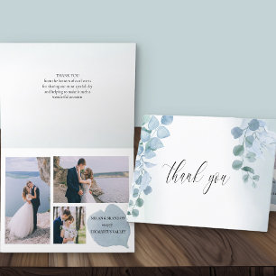 Dusty Eucalyptus Elegant 3 Photo Wedding Thank You Card