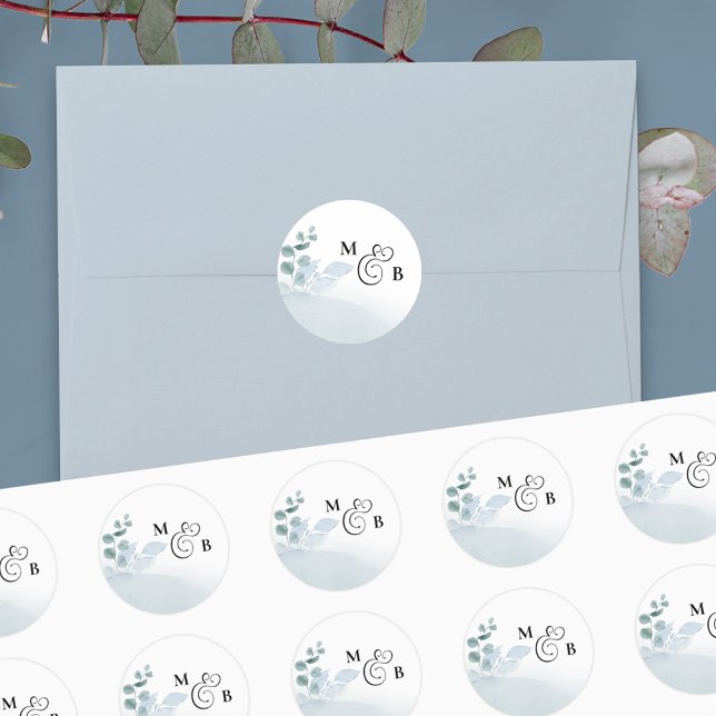 Dusty Eucalyptus Elegant Monogrammed Wedding Classic Round Sticker (Creator Uploaded)