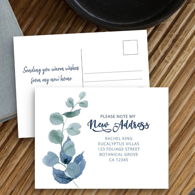 Dusty Eucalyptus Watercolor Foliage Moving Announcement Postcard (New Address postcard with dusty blue and green eucalyptus leaves)