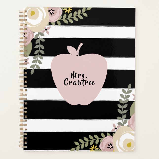Dusty Floral Apple Black + White Stripe Teacher Planner (Front)