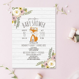 Dusty Floral Boho Fox Grey Wood Baby Shower Invitation
